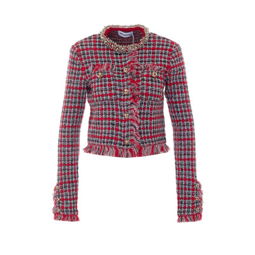 Self Portrait Women Check Frayed Knit Jacket